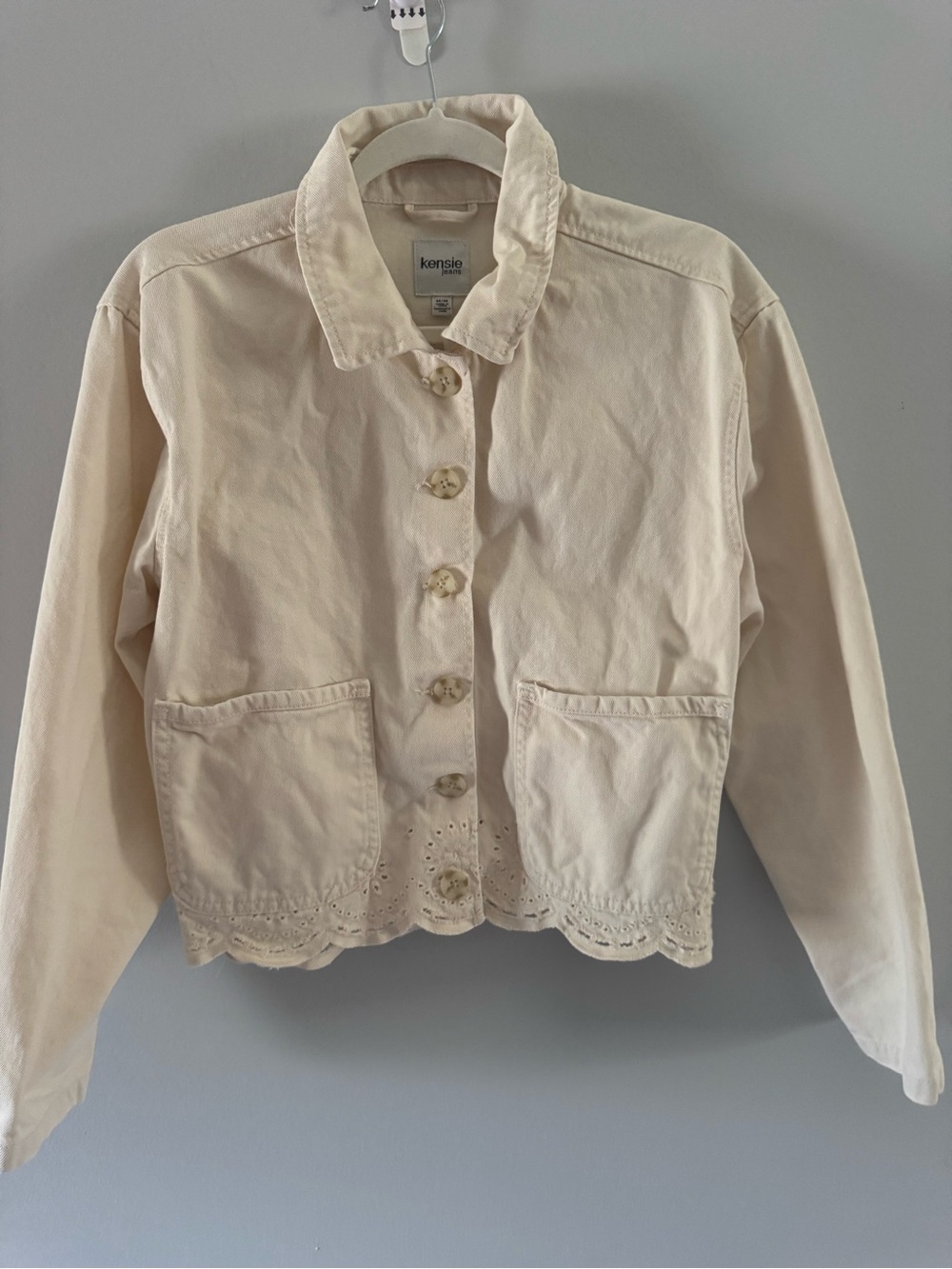 kensie Cream Eyelet-Hem Button Front Jacket